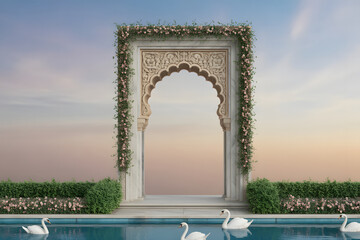 A serene garden scene with a marble Indian archway covered in flower vines and white swans swimming in a long pool at sunset.
