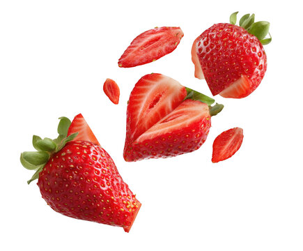 Fresh strawberries and slices exploding in mid-air Keywords: strawberry isolated on a transparent background