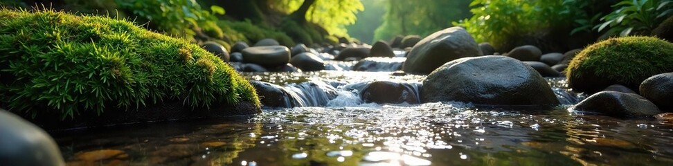 Obraz premium Serene mountain creek flows smoothly over mossy rocks, sunlight dappling the water's surface Perfect for nature, tranquility, and relaxation themes , babbling brook, sunlight