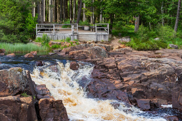 A Serene River Scene Featuring Cascading Water Flowing Through a Lush Green Forest