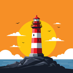 Scenic lighthouse on a rocky island at sunset in a vector illustration