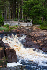 A Serene River Scene Featuring Cascading Water Flowing Through a Lush Green Forest