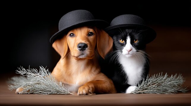 Cute cat and dog friends celebrate barnyard festival rustic charm portrait enchanting environment