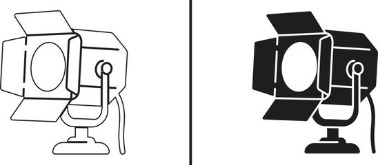 Studio Spotlight Icon: A versatile, graphic symbol featuring two sleek spotlight icons in both filled and outlined styles, ideal for enhancing visual storytelling, showcasing theatrical themes.