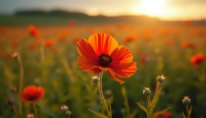 A single orange flower in the middle of a field of flowers.