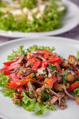 Delicious salad with meat and vegetables served on a white plate.