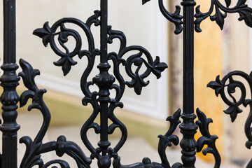 Detailed close-up view of intricate black wrought iron railings design