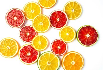 Vibrant citrus slices in a circular arrangement on white,   stock photo,   flat lay