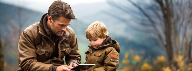 Man and boy, father and son, enthusiastically planning a route on a tablet in nature against the background of autumn landscape. Tourist seasonal routes and hiking, banner with copy space