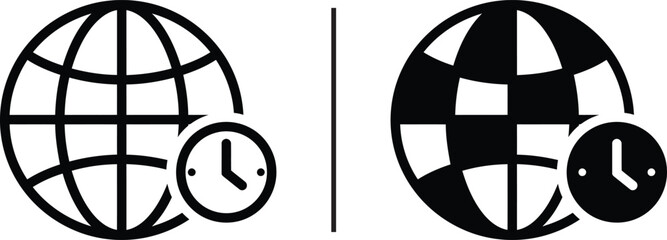Global Time Icons: A pair of sleek, minimalist icons, each depicting a globe and clock, symbolizes the universal concept of time across the world, a digital illustration of global interconnectedness.