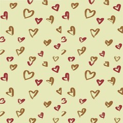 Heart Pattern Background: Cute Hand-Drawn Brown & Red Hearts on Light Beige Backdrop. Love, Valentine's Day Texture. Seamless Romantic Design for Print & Digital Use.