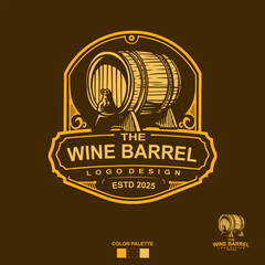 Vintage Wine Barrel Logo with Retro Engraving Style