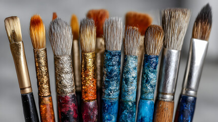 Fototapeta premium Vibrant artist paintbrushes with textured handles in a creative studio setting, ready for artistic expression