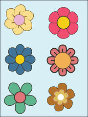 Six stylized cartoon flowers with different color combinations are arranged in a grid pattern on a light blue background.