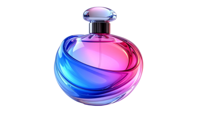 Unique Swirling Perfume Bottle Design Gradient Pink and Blue Glass isolated on solid white background Png