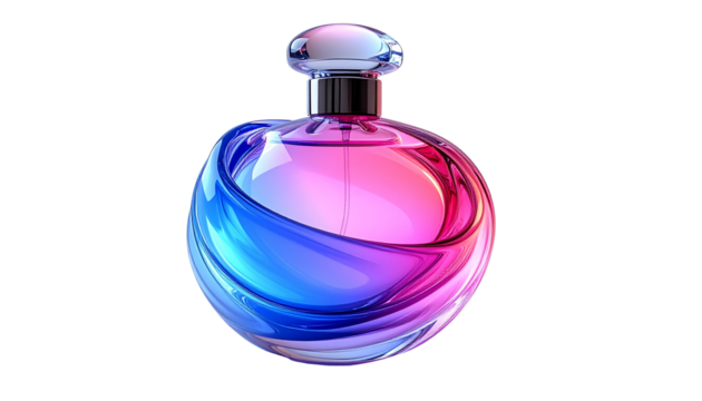 Unique Swirling Perfume Bottle Design Gradient Pink and Blue Glass isolated on solid white background Png