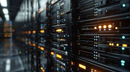 Close Up Visualization of Networks Data Center Rows and Digital Servers