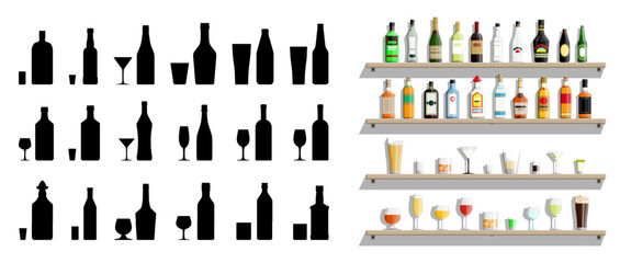 Bar with different bottles and glasses of alcohol flat style vector illustration. Alcohol store concept. Set for graphic design.