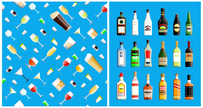 Alcoholic drinks bottle and cocktail glass set. Alcohol beverage bar and restaurant liquid assortment concept. - Powered by Adobe