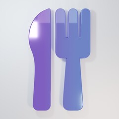 Fototapeta premium Purple-blue Crossed knife and fork icon isolated on grey background. Cutlery symbol. Minimalism concept. 3D render illustration