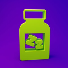 Fototapeta premium Green Sleeping pill icon isolated on purple-blue background. Minimalism concept. 3D render illustration