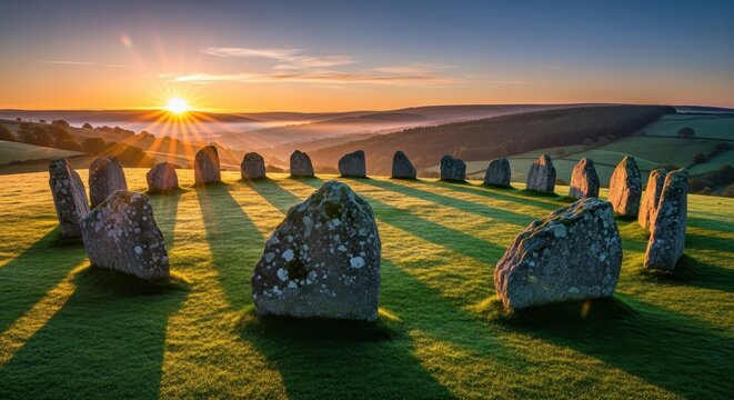 Sunrise over Standing Stones Circle, Dramatic Landscape
