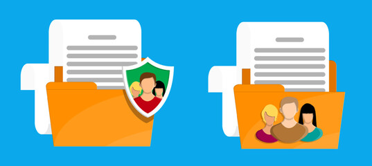 Protected and unprotected personal data in folders. Concept of data privacy, security, and information management system.