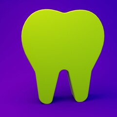 Green Tooth icon isolated on purple-blue background. Tooth symbol for dentistry clinic or dentist medical center and toothpaste package. Minimalism concept. 3D render illustration