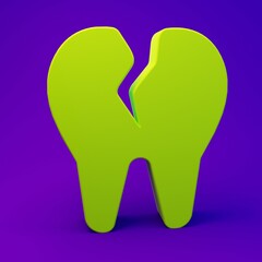 Green Broken tooth icon isolated on purple-blue background. Dental problem icon. Dental care symbol. Minimalism concept. 3D render illustration