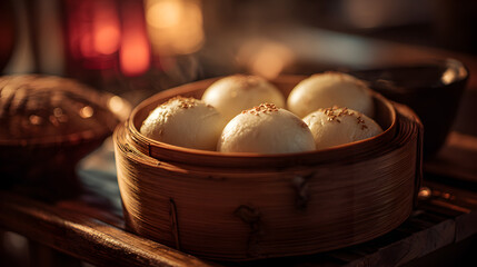 Steaming fluffy bao buns with sesame seeds in bamboo steamer, inviting culinary delight for Asian cuisine lovers