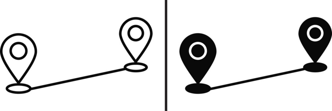 Destination Pathway: Two geolocation icons mark a route of the trip, a journey or the distance and direction between two locations, in a sleek, minimalist style that conveys clarity and direction. 