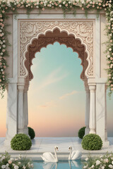 An elegant wedding ceremony backdrop with two swans in a pool before a classic Indian marble arch decorated with flower garlands.