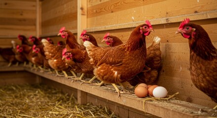 Two hens perching in a wooden chicken coop.