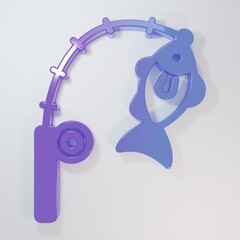 Purple-blue Fishing rod and fish icon isolated on grey background. Fishing equipment and fish farming topics. Minimalism concept. 3D render illustration