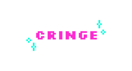 Cringe pink pixel art social media slang word. Gen z awkward, embarrassment lingo. Dislike, ugh feeling. Meme reaction. Retro video game 8 bit typography with kawaii sparkles. Silkscreen font used