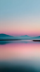 Fototapeta premium Serene mountain landscape reflects tranquil pink and blue sky over calm water at dawn, inspiring peace and natural beauty.