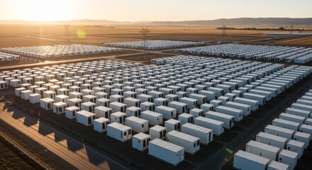 Naklejka premium Vast grid of white modular units stretches across landscape under golden sunset light