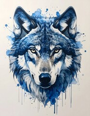Artistic watercolor painting of a majestic blue wolf's face with expressive eyes and flowing paint details