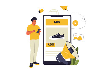 Mobile Advertising and Digital Promotion Illustration. Illustration of a Man Viewing Online Ads on his Smartphone, with Targeted Marketing and Megaphone Symbols. Flat Vector Illustration