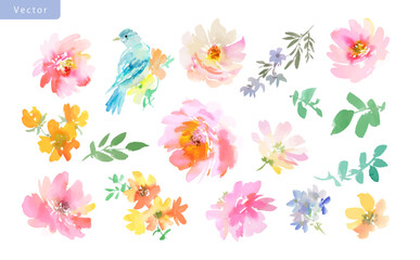 Watercolor floral clipart set with abstract hand painted pink peonies, wildflowers, blue bird and leaves. Vector files. Elegant floral illustrations for wedding invitations, card deign and stationery.