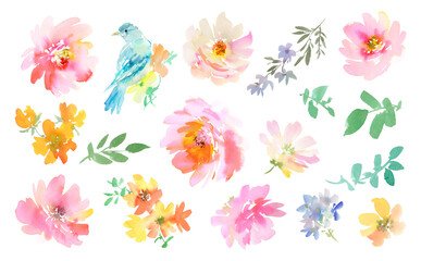 Watercolor floral clipart set with abstract hand painted pink peonies, wildflowers, blue bird and leaves. PNG files. Elegant floral illustrations for wedding invitations, card deign and stationery.