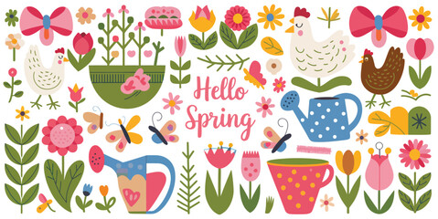 Hello Spring Floral and Garden Vector Set – Colorful Flowers, Birds, and Gardening Elements