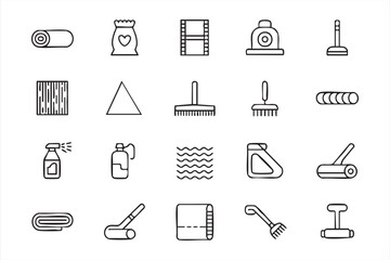 Vector Line Icons of Cleaning Equipment Including Vacuum Cleaner, Mop, Broom, and Spray Bottle