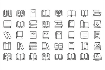 Vector Line Icons of Books and Education Materials Including Ebooks, PDFs, and Study Tools