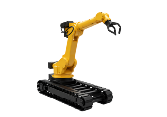 Industrial Robotic Arm Yellow Articulated Robot on Tracks Against Black Background isolated on transparent background