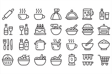 Minimalist Vector Icons of Cooking, Baking, and Dining Essentials for Food Industry Design
