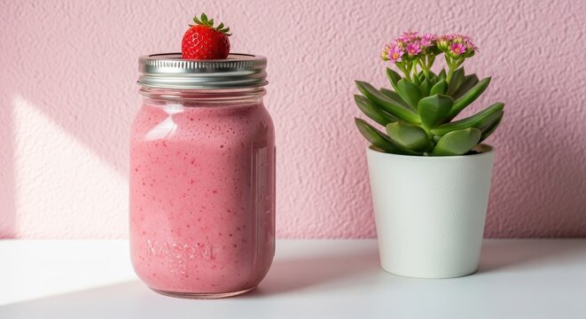 Strawberry Smoothie in Mason Jar with Succulent Plant - Powered by Adobe