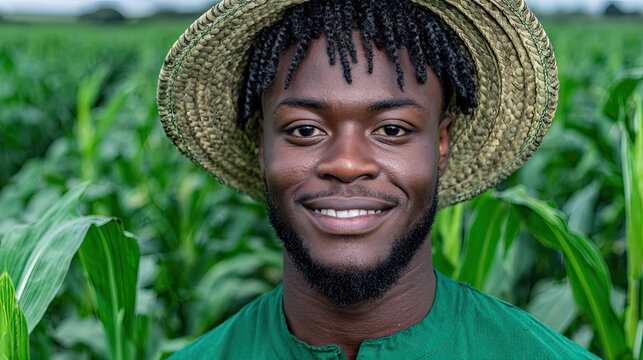 Smiling person in straw hat standing in lush green cornfield
