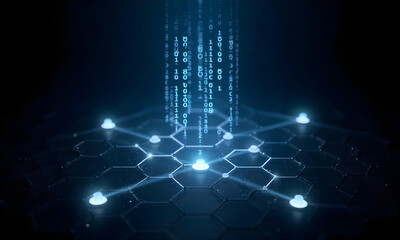 Digital Network with Binary Code Flowing into Hexagonal Grid technology data