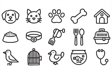 Animal Care Icon Set Featuring Grooming, Food, Veterinary, and Pet Supplies in Outline Style